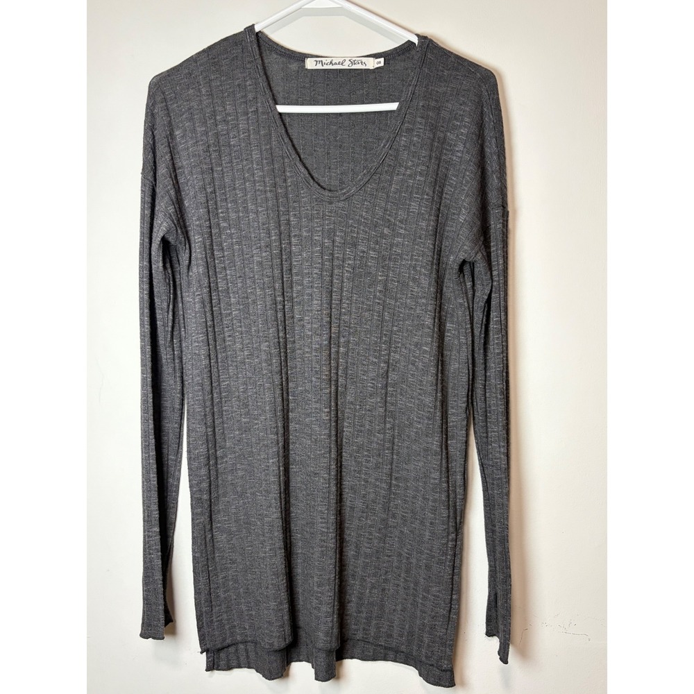Michael Stars Womens Ribbed V-Neck Long Sleeve Tunic Top Gray OS 8345